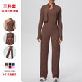 pure color brushed tight one-shoulder vest wide-leg long three-piece set sports running fitness yoga suit