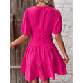 Shipped:  summer new women's slim-fit v-neck bubble sleeve solid color midi dress