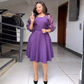 supply of african, european and american women's clothing, waist-cinching a-line dress, puff sleeves, three-quarter sleeves, fashionplaid space layer