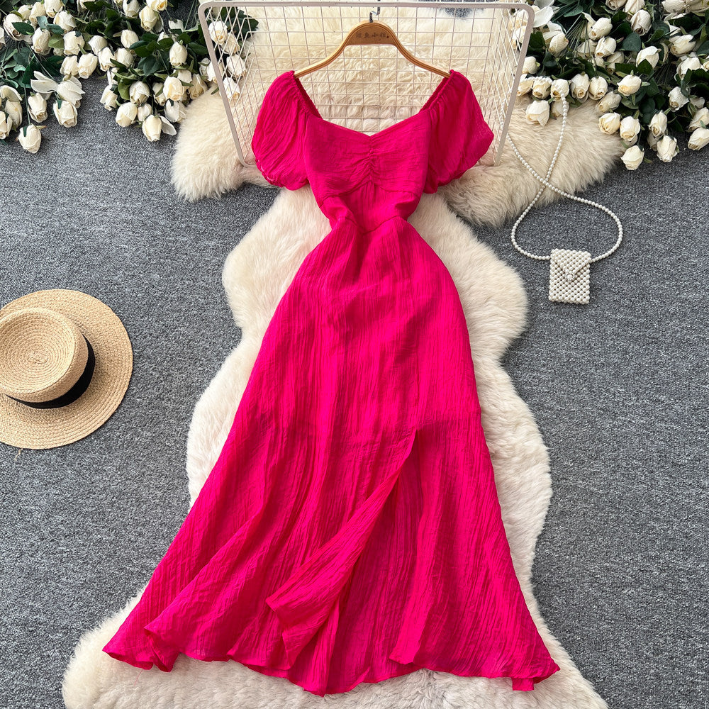 Lady style yellow casual puff sleeve dress women's summer lazy square neck waist slimming look a-line long skirt