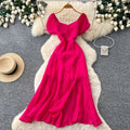 Lady style yellow casual puff sleeve dress women's summer lazy square neck waist slimming look a-line long skirt