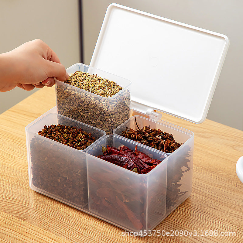 Kitchen seasoning storage box Household multi-functional grid four-grid integrated flip cover Food refrigerator storage box