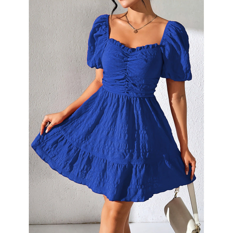 cross-border new women's babydoll dress with heart neckline, short sleeves, and puff sleeves