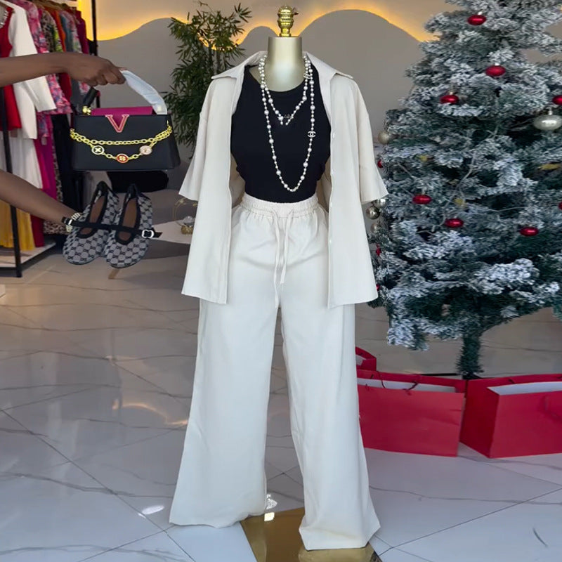 European and american cross-border women's fashion  spring new collection: solid color casual short-sleeve shirt top and tie-waist wide-leg pants set