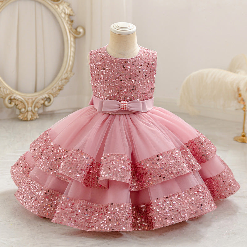 Girls' sequin patchwork round neck vest dress - stylish & customizable baby & toddler birthday & first birthday dress - oem available