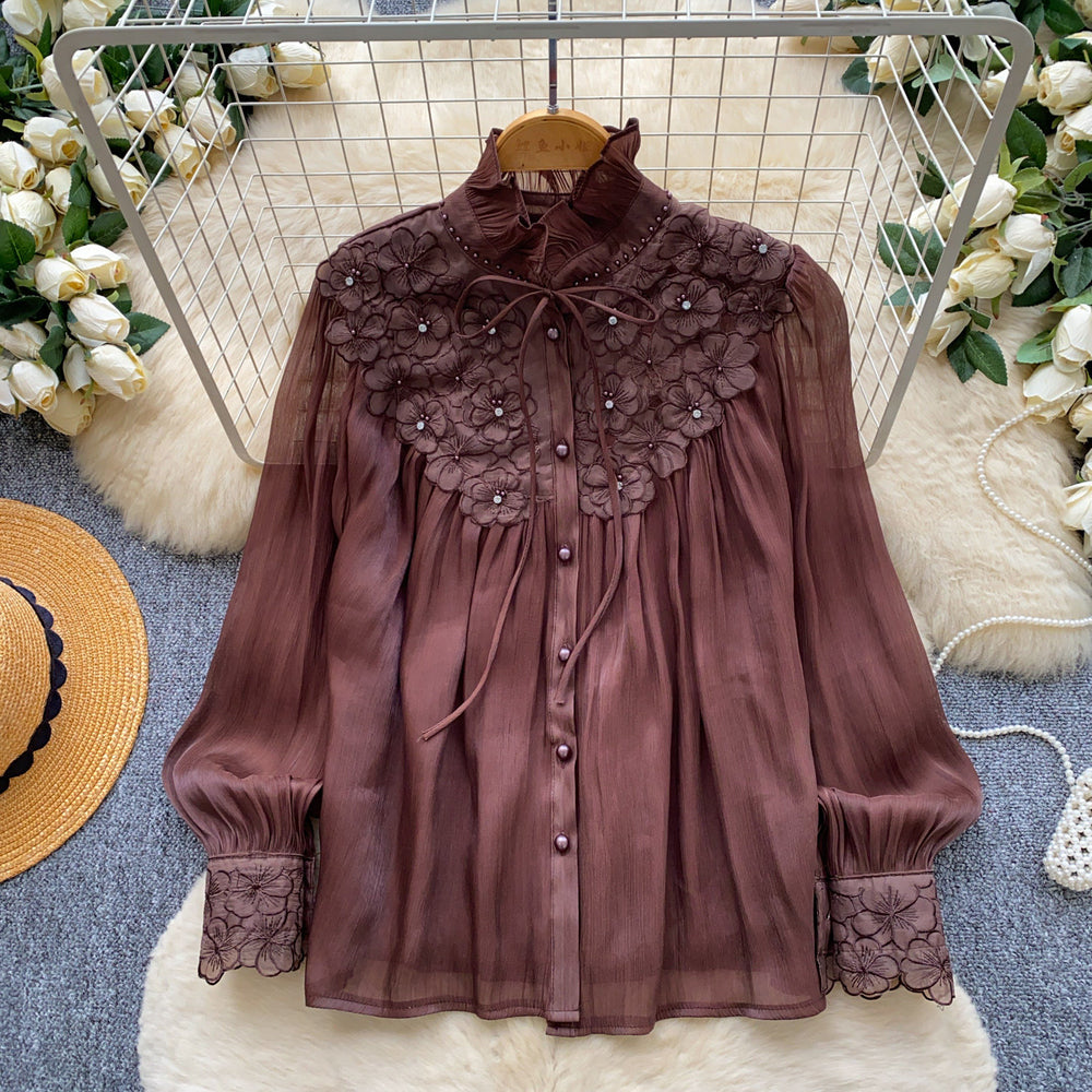 French chic pink bow ruffle hem blouse - women's long sleeve, age-defying, stylish, and high-end top - autumn  collection