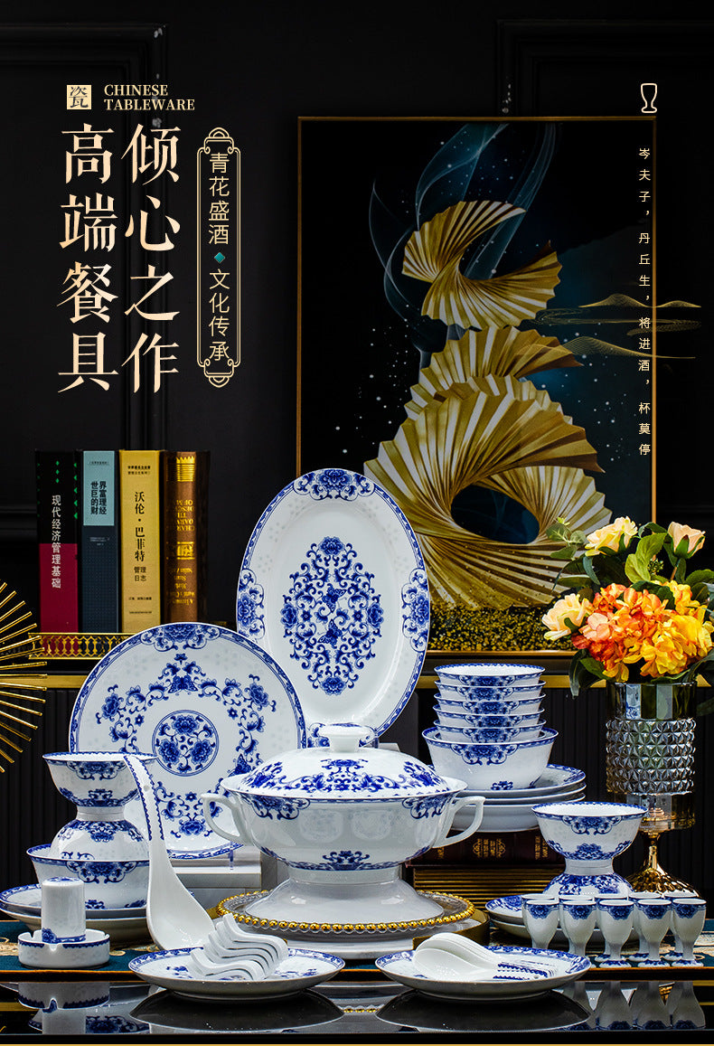 Blue and White Linglong High Temperature Underglaze Color Jingdezhen Ceramic Tableware Set Dish Set Household Gift Box