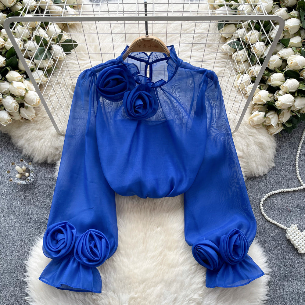 Frenchshirt women's sense of designniche style stereo flower puff sleeves age reduction easiest for matchpure color chiffon shirt women's long sleevestops
