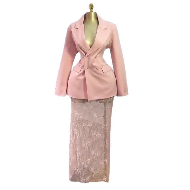 Fashion cross-border women's clothing  spring new arrivalelegant waist buttoned suit outwearlace skirt suit
