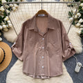 Korean style commute-ready striped shirt: breathable, skin-friendly, women's  summer short-sleeve loose-fit cardigan, solid color, elegant top