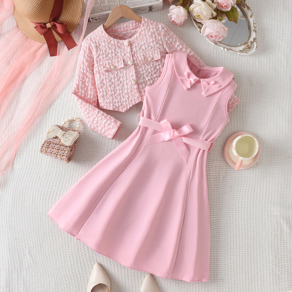 girl pink suit small fragrant outwear vest lapel long skirt bows belt kids skirt dress