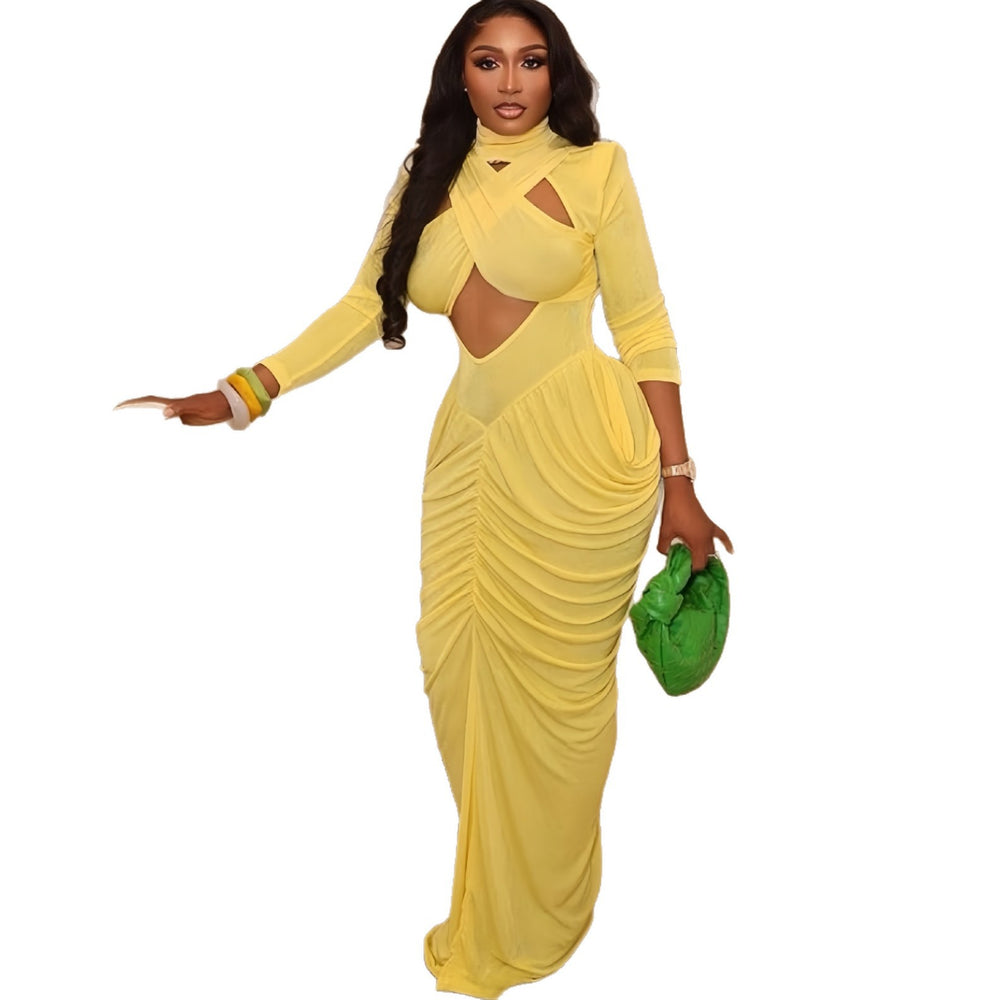 European and american cross-border women's fashion:  spring new arrival - solid color long sleeve stand collar cutout bandeau pleated maxi dress