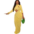 European and american cross-border women's fashion:  spring new arrival - solid color long sleeve stand collar cutout bandeau pleated maxi dress