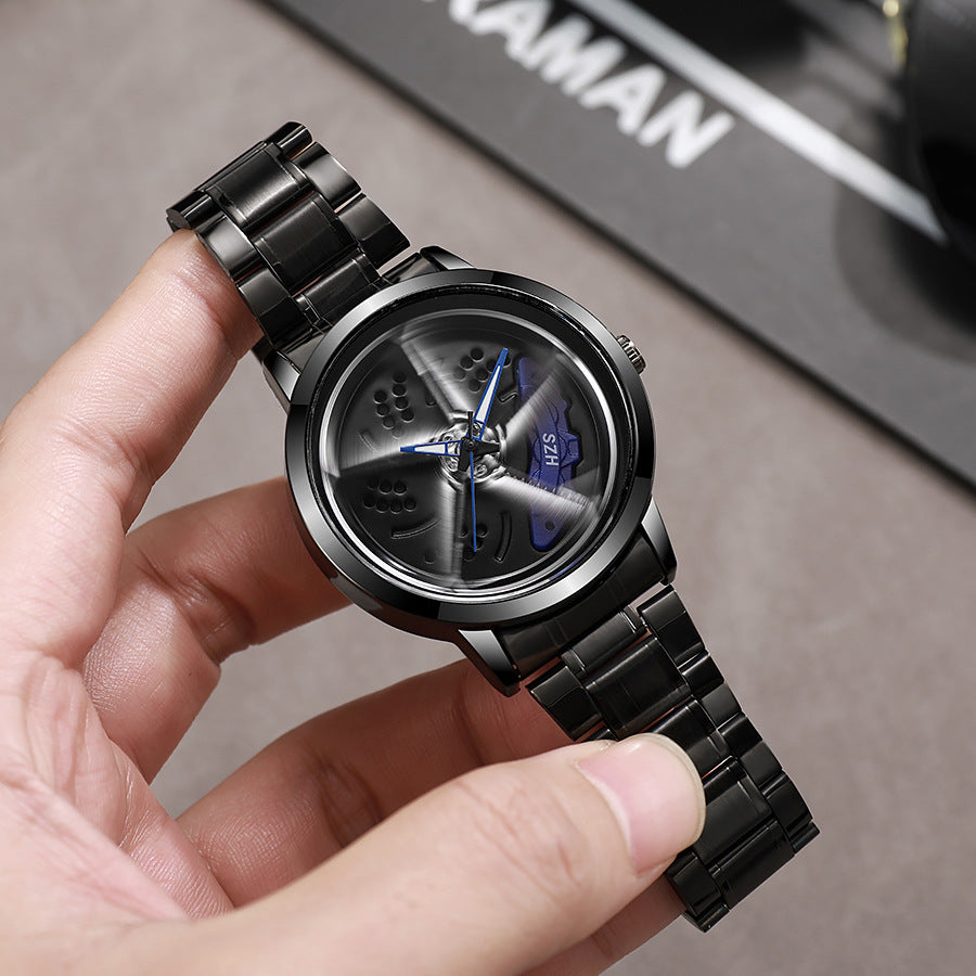 New hollow-out creative tech men's steel band watch with rotating bezel - cross-border quartz watch