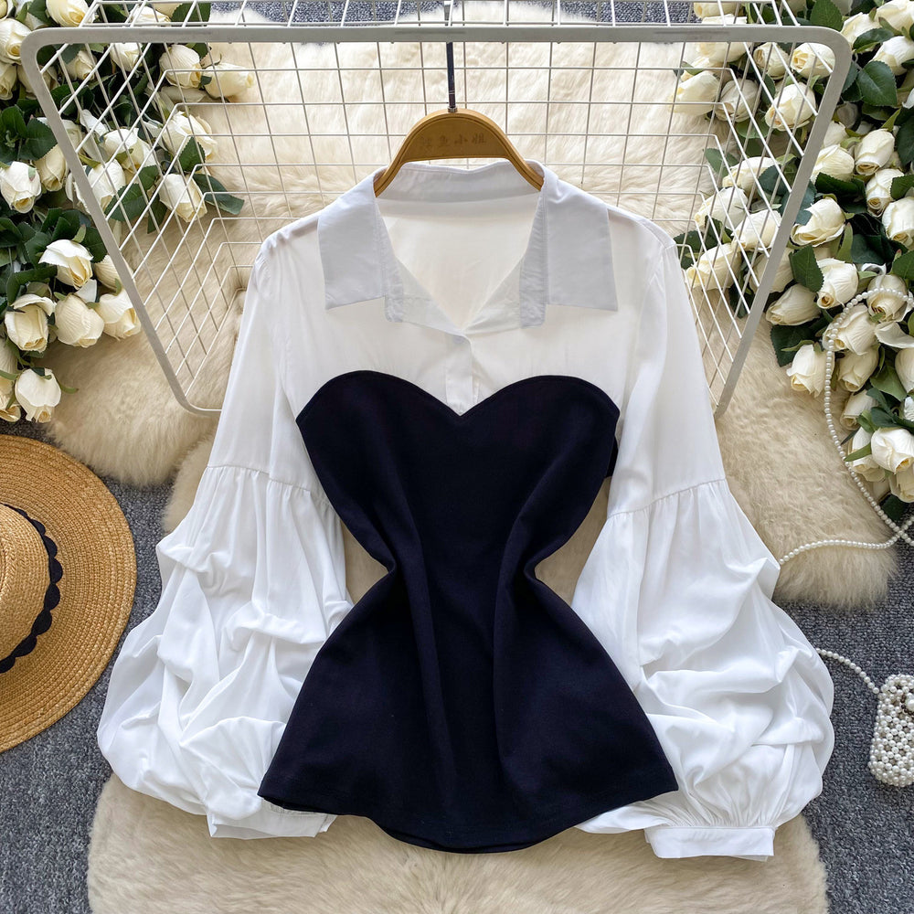 French-inspired, faux two-piece top for women, perfect for autumn. features a soft, feminine style with pleated lantern sleeves and a flattering, slim-fit design. a trendy and chic blouse