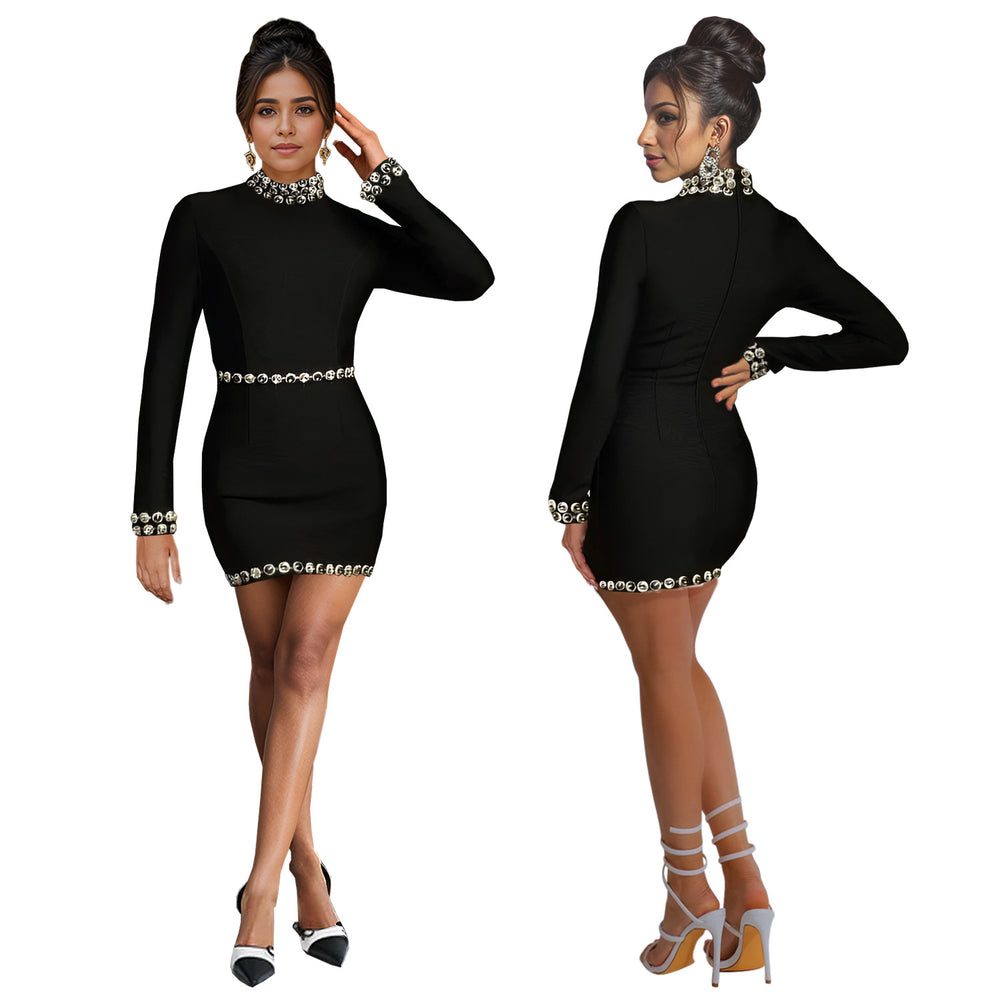 C7183 cross-border   fashion women's high-end slim-fit long sleeve rhinestone hotfix mini dress