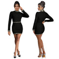C7183 cross-border   fashion women's high-end slim-fit long sleeve rhinestone hotfix mini dress