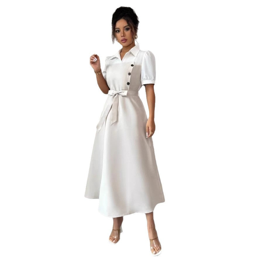new european and american cross-border fashion: french chic white fitted waist dress