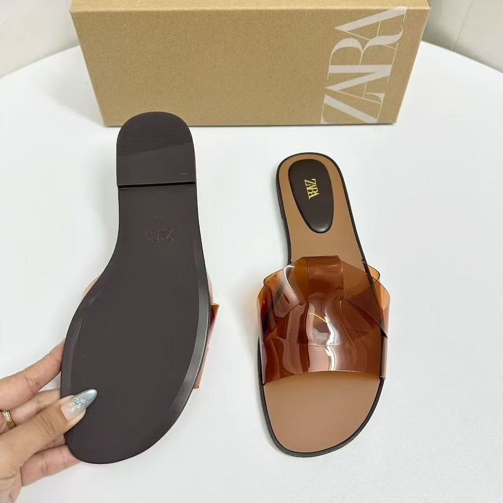 Za2025summernew arrival women's shoes one word fashionk-style transparent jelly sandals flats women's square toe sandals