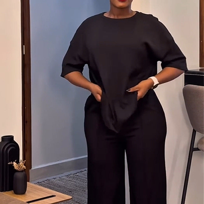 European and american cross-border women's fashion  autumn new arrival casual solid color crew neck loose short sleeve t-shirt and wide leg pants set