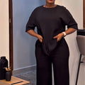 European and american cross-border women's fashion  autumn new arrival casual solid color crew neck loose short sleeve t-shirt and wide leg pants set