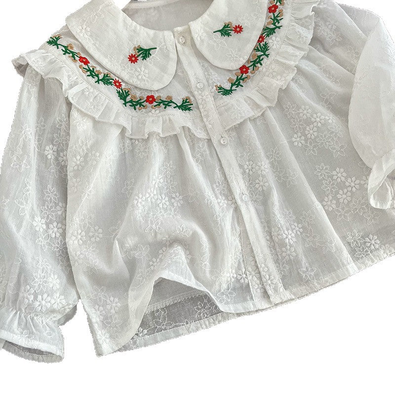 Girls' blouse - new autumn  collection: embroidered floral long-sleeve top, sweet and stylish for kids, perfect as a base layer or standalone