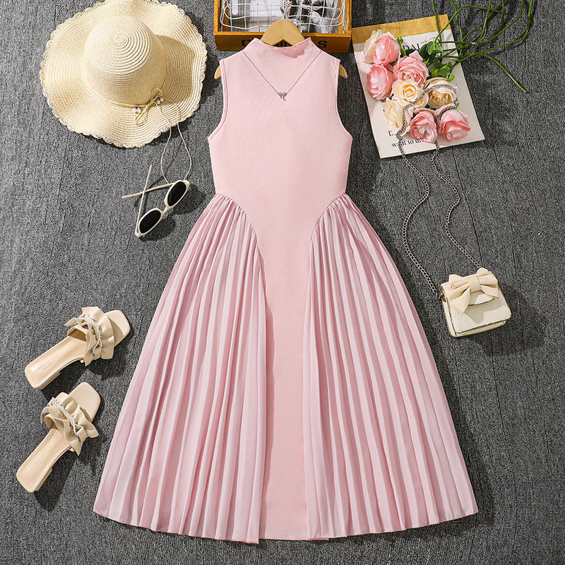 girls' summer dress,  new style, foreign trade european and american style, elegant pleated patchwork, cinched waist, sleeveless formal dress
