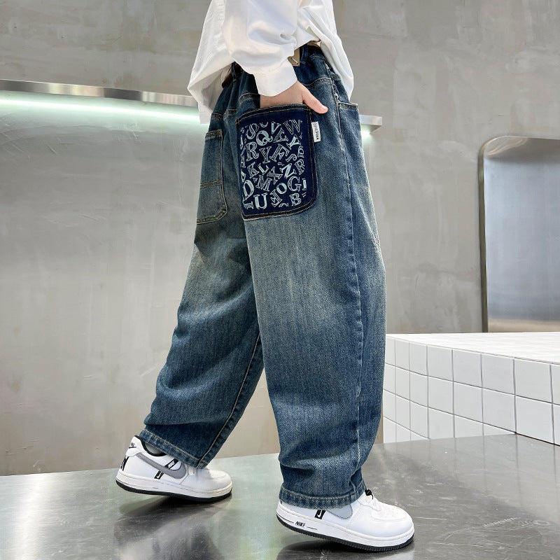 Boys' fall denim pants, spring collection, mid-to-large size, loose fit,  new style, kids' straight-leg trousers, spring/autumn season