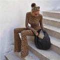 women's leopard print jumpsuit - slim fit, printed, long sleeve, open back bodysuit - european & american style