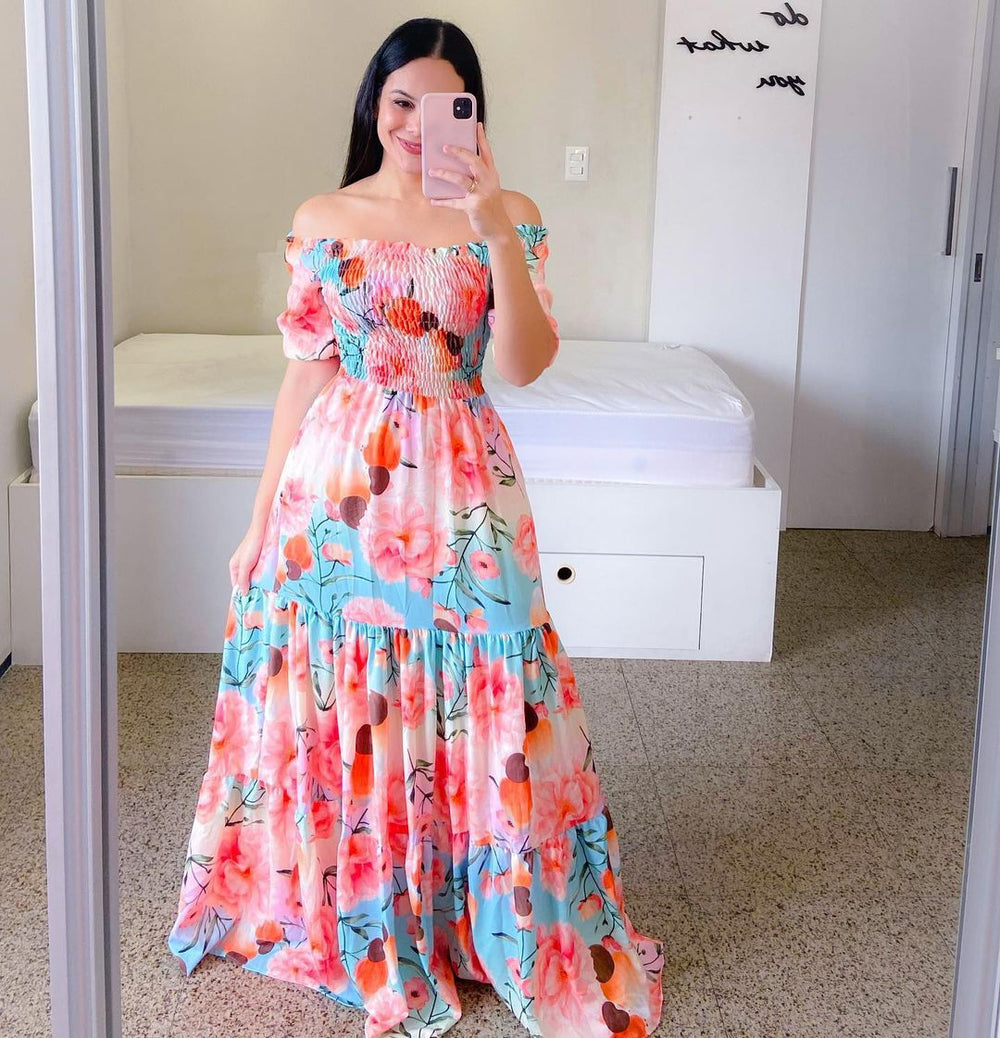 new spring/summer cross-border fashion: european and american style women's one-shoulder floral print maxi dress - off-the-shoulder fairy dress