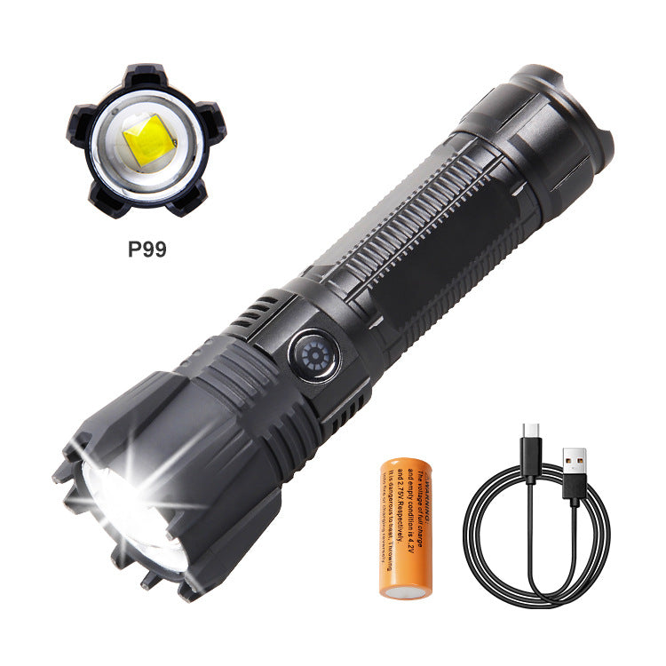 Cross-border new Jiugongge lamp beads strong light USB charging, telescopic zoom remote radiation power display LED flashlight