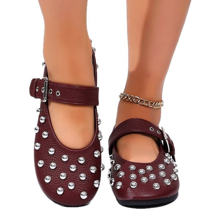 plus sizenew arrivalstudded ballet flats shoes women's retro one-piece buckle strap flats mary jane shoes wholesale