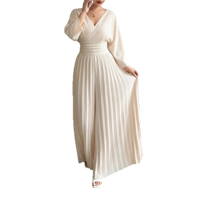 summer new women's clothing: european and american cross-border fashion, elegant solid color cinched waist pleated wide-leg jumpsuit