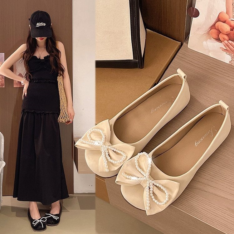 Plus sizenew arrival evening breeze pearl bows soft bottom beanie shoes women's fashion toe cap flats flats soft bottom slip-on