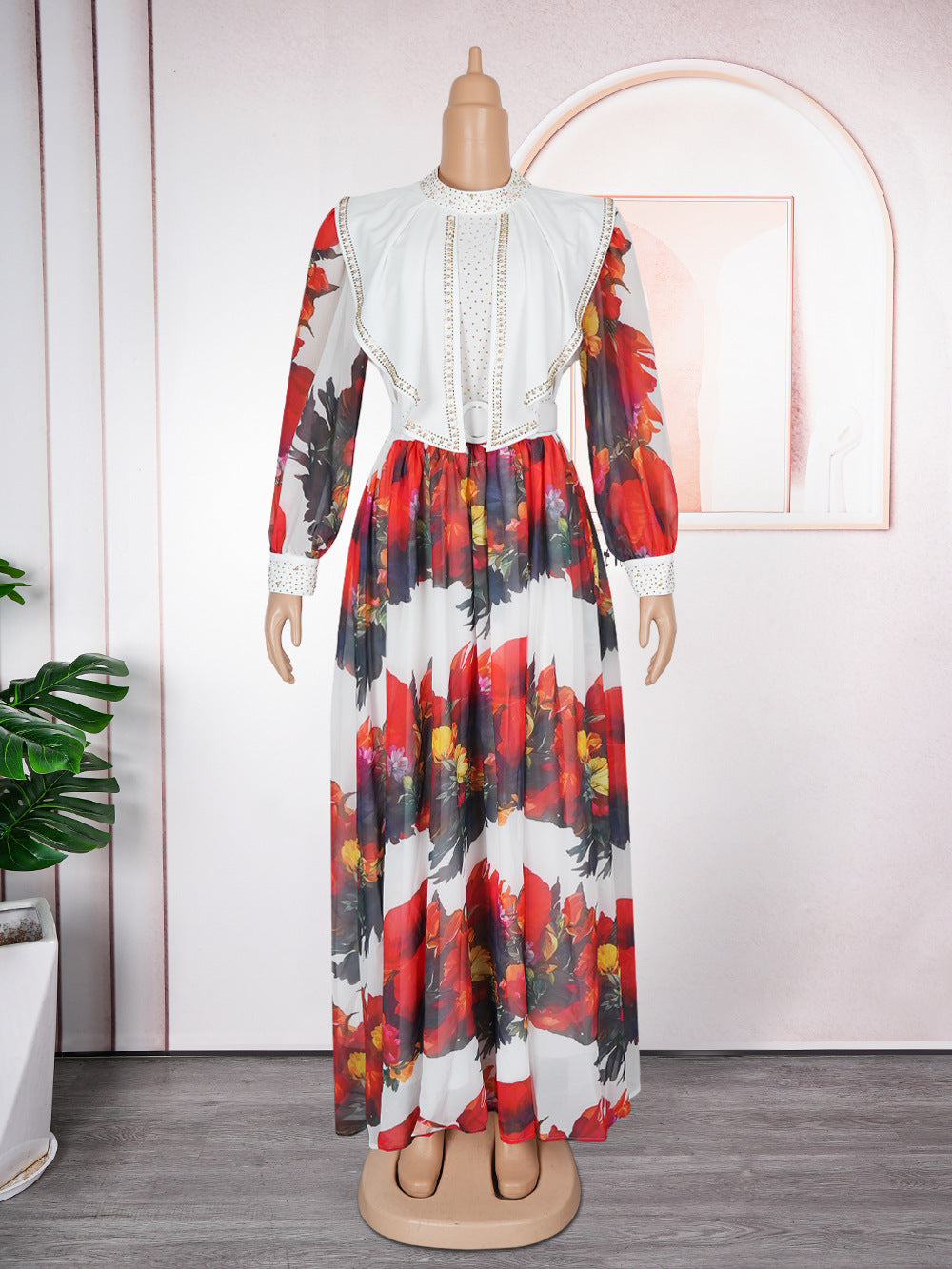 new european and american  cross-border trade african women's elegant printed long-sleeved plus size dress