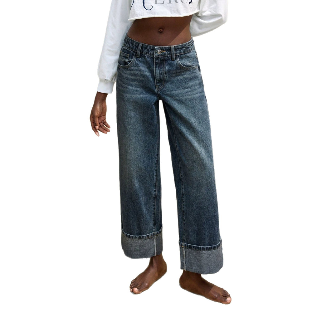 Fashionjeans women's distressed white rolled hem high waistdrapedloose pants american casual women's jeans