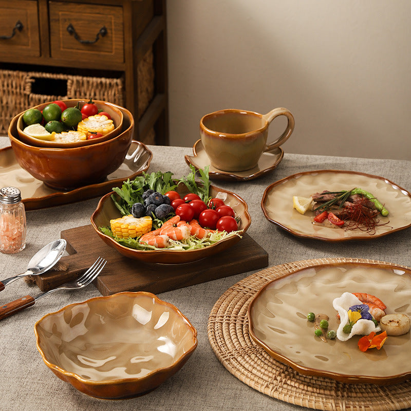 Retro casual kiln style ceramic special-shaped bowls, plates, household fruit salad bowls, ceramic steak plates, fish plates, vegetable plates