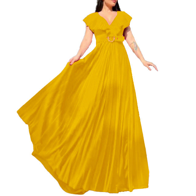 D3159p belted plus size women's v-neck solid color pleated ruffle hem maxi dress - european & american style - wholesale dress