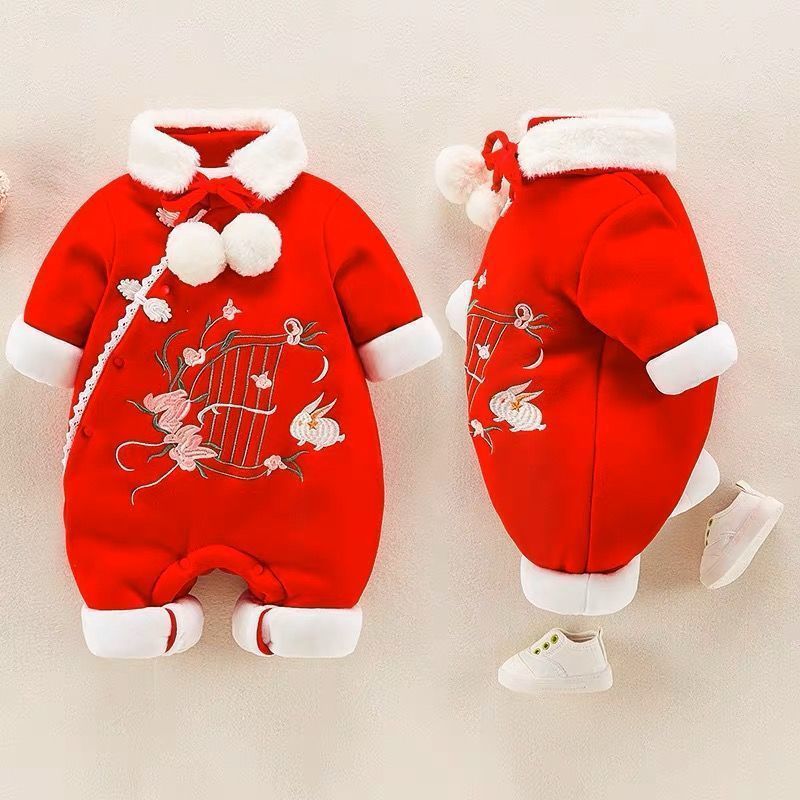 Newborn baby clothes autumn winter romper baby red new year outfit festive chinese new year thickened winter clothes