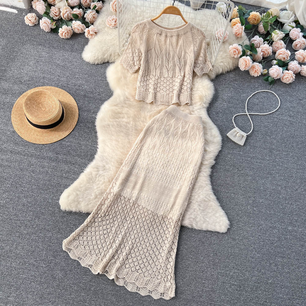 Korean ins style cut out crochet lace short-sleeved suit skirt women's shorttops+mermaid half length skirttwo-piece set trendy