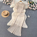 Korean ins style cut out crochet lace short-sleeved suit skirt women's shorttops+mermaid half length skirttwo-piece set trendy