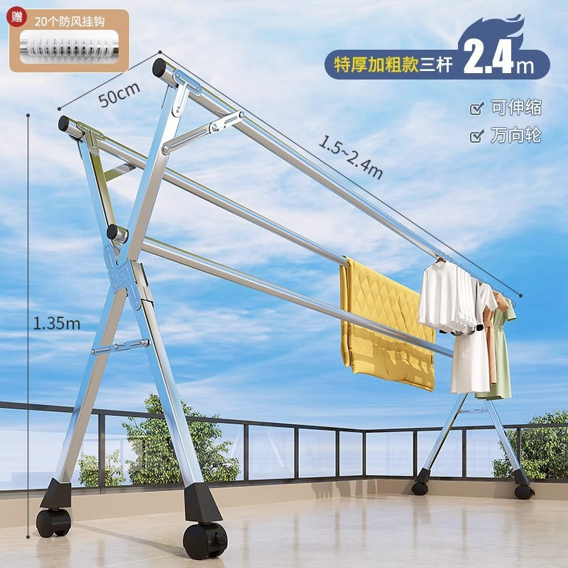 Foldable clothes drying rack - floor standing, indoor/outdoor use - aluminum alloy, extendable rod, perfect for balconies, bedrooms, and outdoor use - quilt drying solution