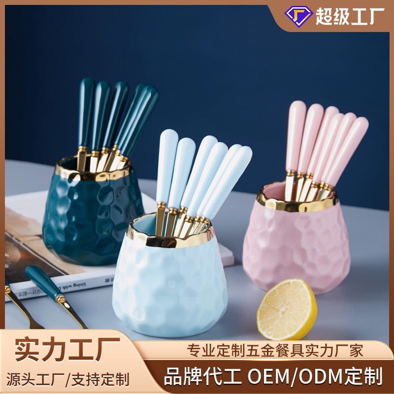 Wow fruit fork spoon hammer pattern ceramic storage jar suitfor homestainless steel fruit picks dessert forks wholesale