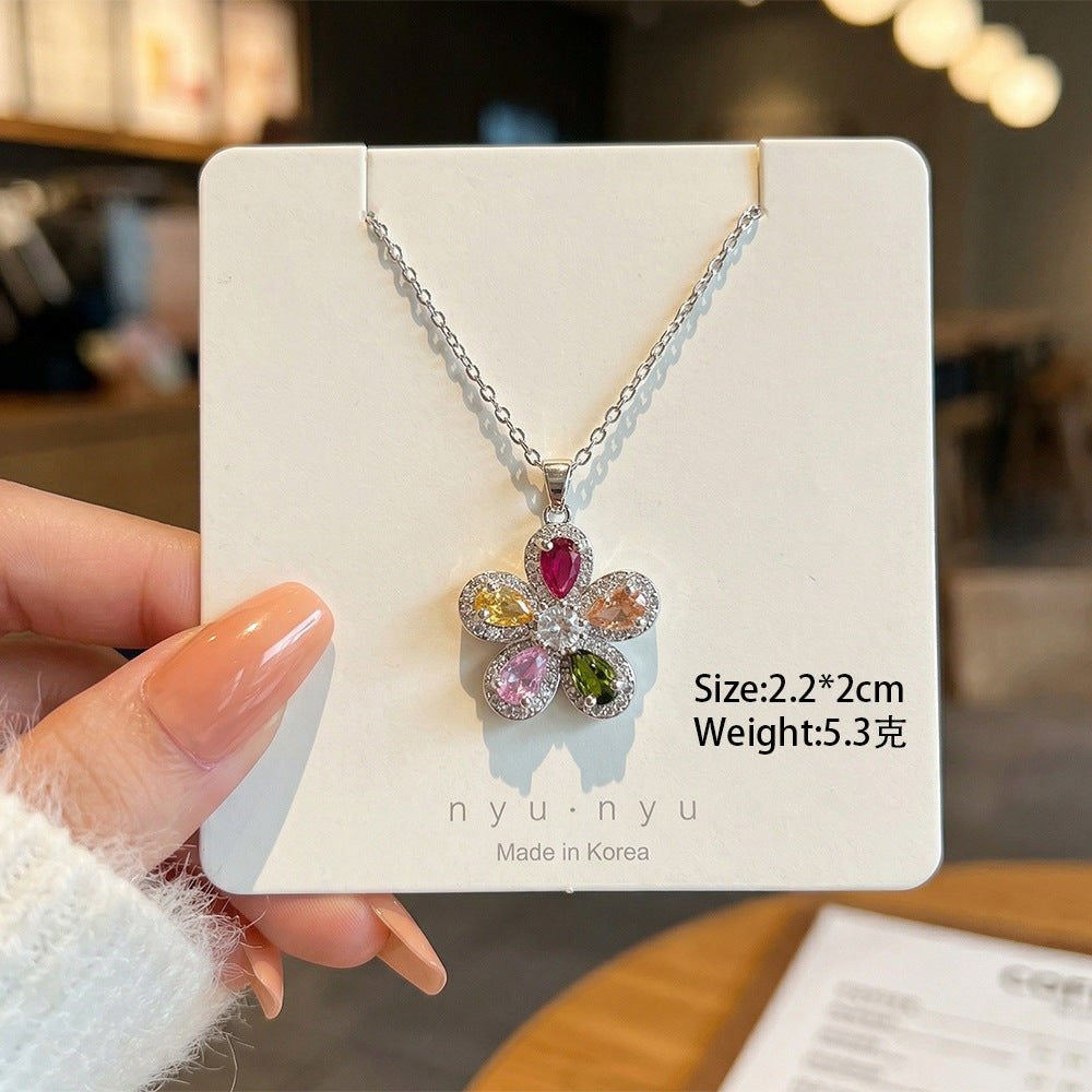 Copper inlaid zirconium four-leaf clover necklace for women, titanium steel real gold plating popularinsfashion flower exquisite sweater chain jewelry