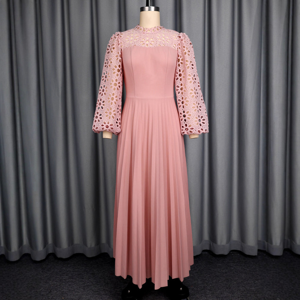 European and american elegant lace lantern sleeve dress - hollow out long sleeve, cinched waist, pleated a-line party maxi dress