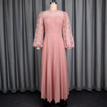 European and american elegant lace lantern sleeve dress - hollow out long sleeve, cinched waist, pleated a-line party maxi dress