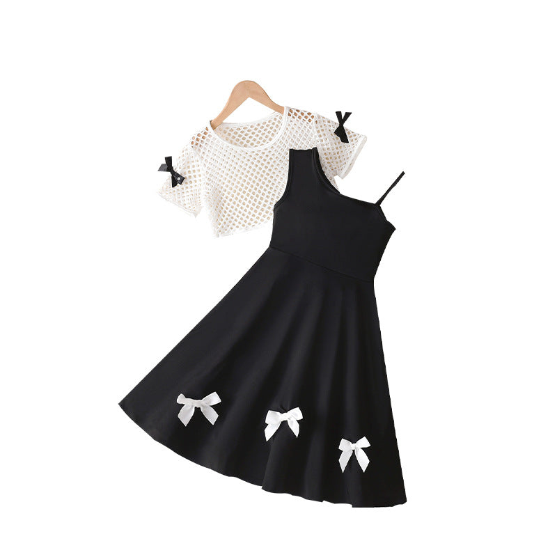 Exportsummergirlsuit black and white mesh blouse slanted shoulder suspender skirt bows sweet cool style kidsdress