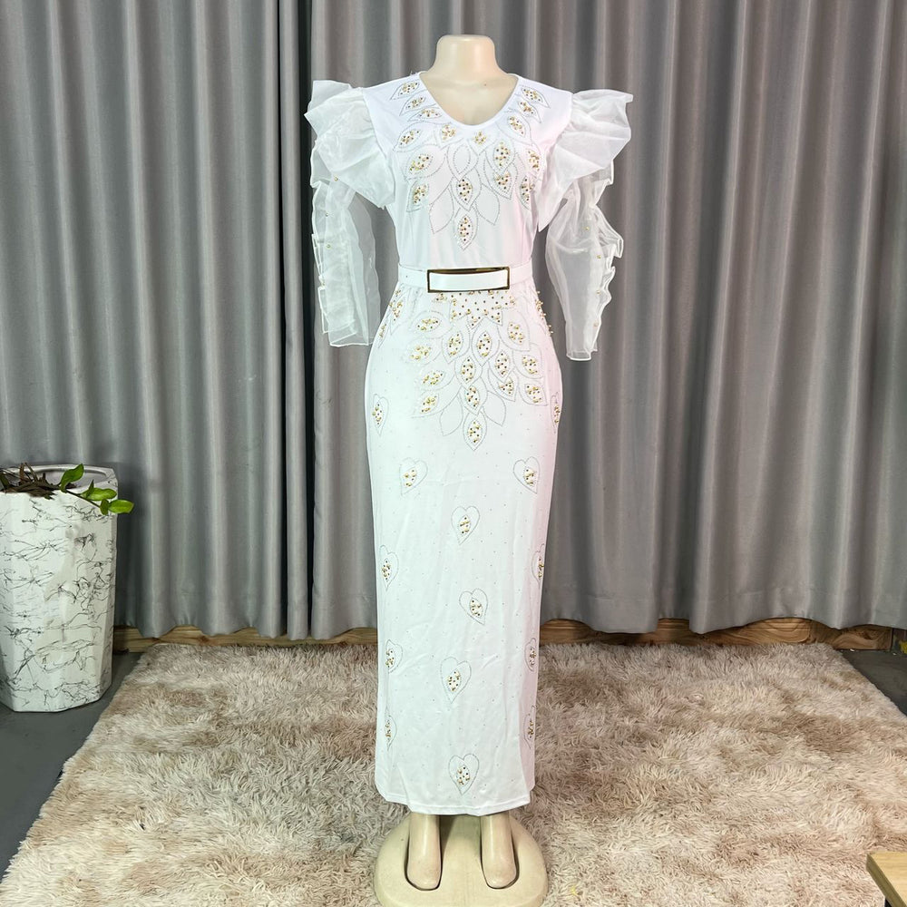 New fashion slim-fit african cross-border supply: rhinestone & beaded organza ruffle sleeve evening dress/gown