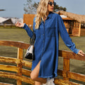 Fashion cross-border independent station  new retro washed denim loosecasual long-sleeved raw edge dress for women
