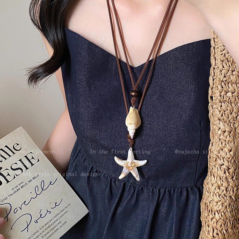 2026new arrival forest style retro starfish pendant necklace lazy style literary leather rope necklace ocean style clavicle chain